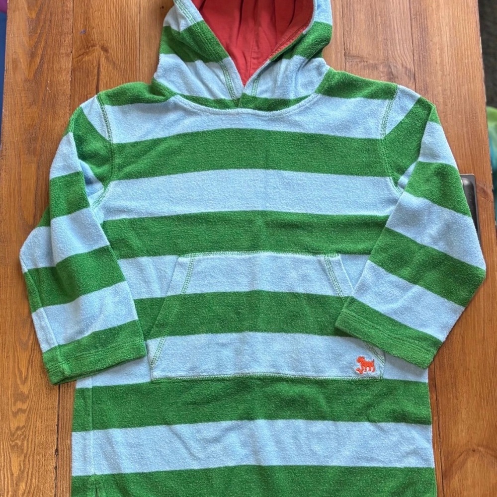 Mini Boden Toweling Hooded Pulliver Green Turquoise Striped Kids Hoodie